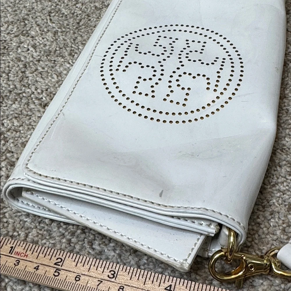 Tory Burch Kipp Perforated Logo Patent Leather Crossbody Bag White Gold